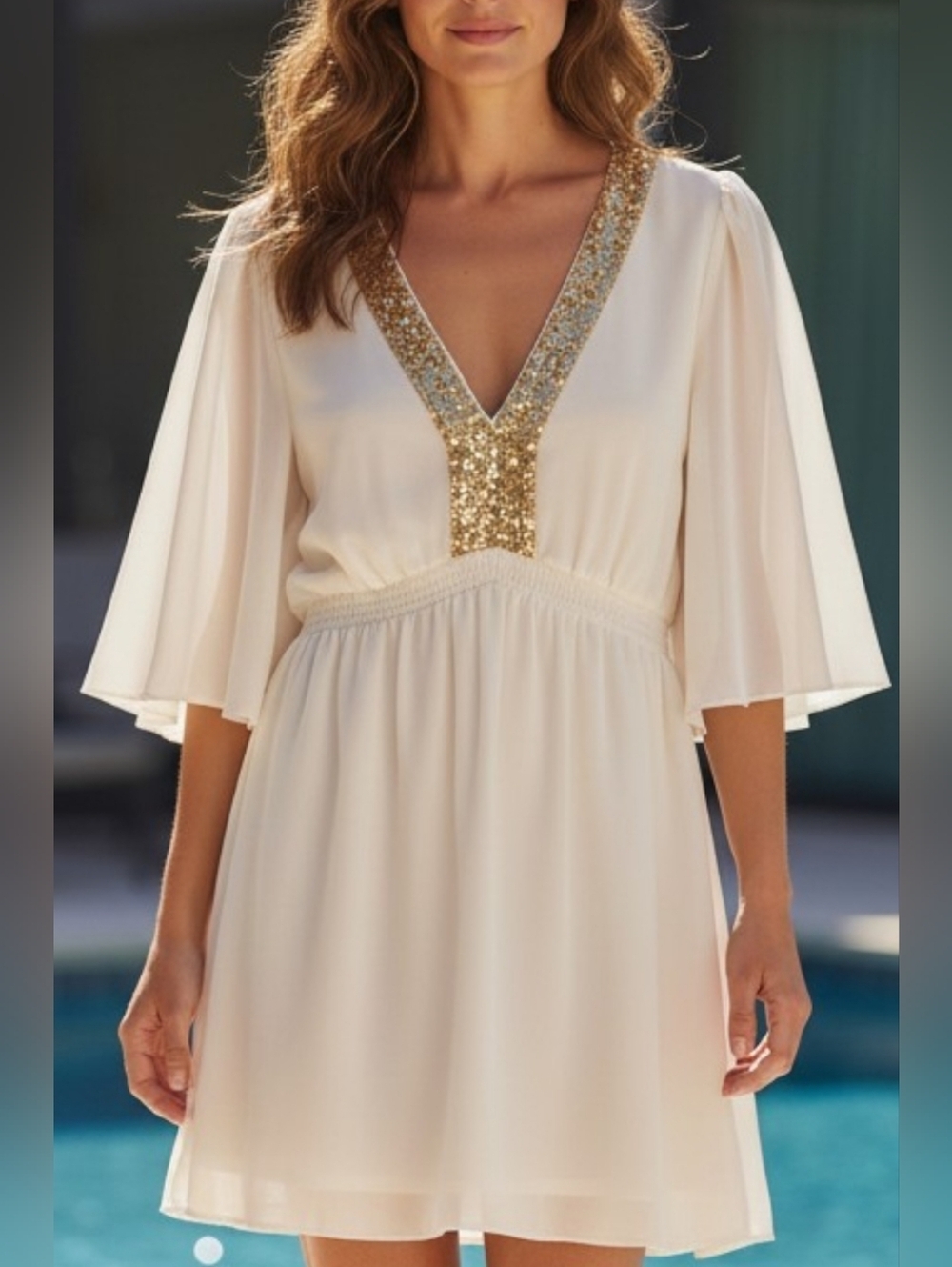 Faith & Zoe - NWOT, Ivory Colored Blouse, Bottom Half Lined, Gold Neck Trim,